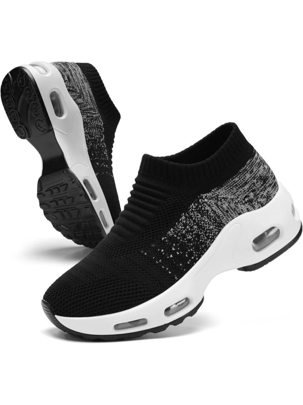 Womens Black White Mesh Light Weight Pull-On Air Cushion Slip on Walking Sneaker